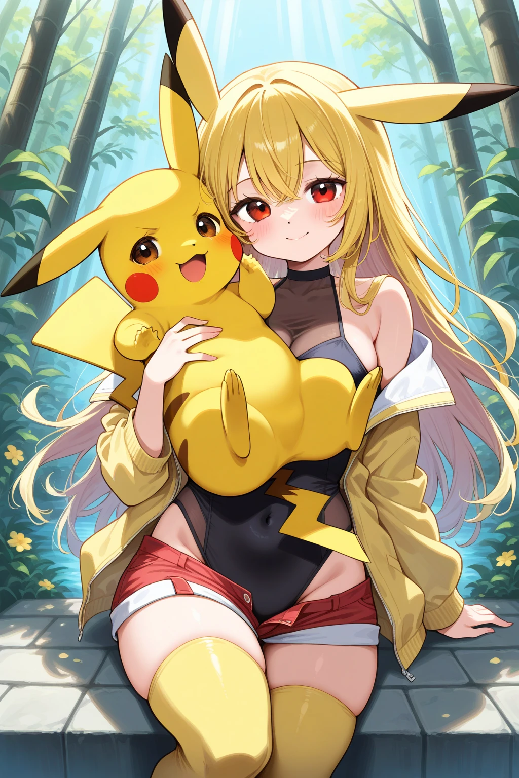 (Highest quality,8k,32K,masterpiece,Ultra-high resolution :1.2 ),born,one person,Super cute,Natural light,Clear, shining eyes,20-year-old,Fair skin,Fantasy background of an electronic world like a park with a fountain in summer,Large Breasts,Large Breasts,In underwear,Good,Pikachu Cosplay,Pikachu's ears,Pikachu's food,Pikachu's tail,An innocent smile,Electrically charged,bikini,Swimwear,Random Pause