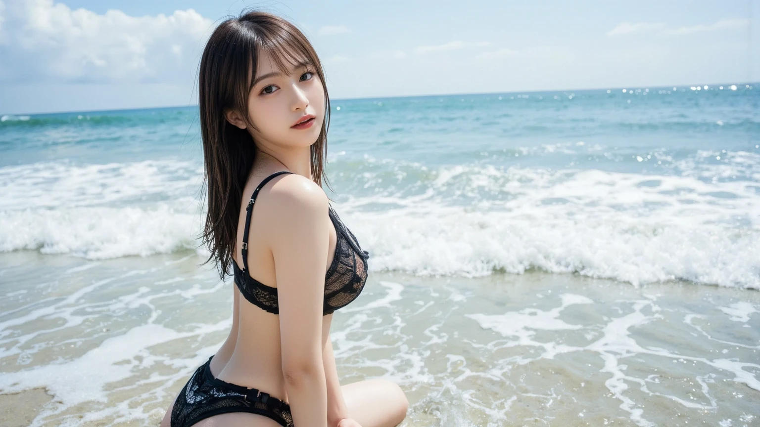 ((highest quality、8k、masterpiece:1.3))、Shooting at sea、Angle from below、Gal Makeup、Ganguro Makeup、blue eyes、Beautiful feet、Cleavage、Butt、No sleeve、Wearing shorts。、One Girl、Beautiful Japanese Women:1.3、(Long Hair、 outside:1.2)、 Black and white animal print bikini:1.2、Beautiful woman with perfect style:1.4、Perfect Eyes、Calm Eyes、Natural smile、Perfect Iris、Perfect Lips、Golden Skin、Do not polish、Super detailed face、Delicate eyes、double eyelid、Soft Breasts、Laughter、Exposed Cleavage、