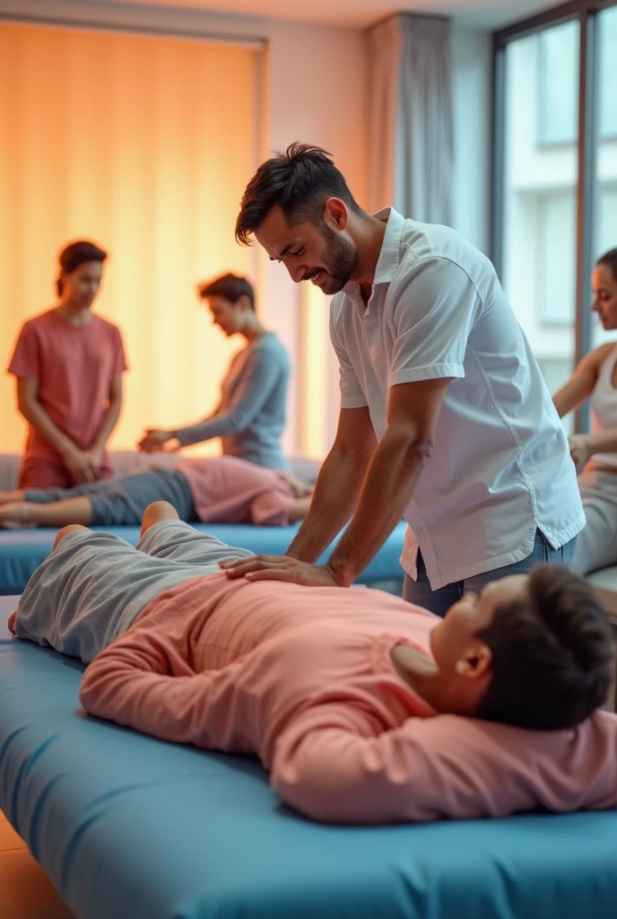 In an anatomy classroom, an iranian man, bearded and hairy, dark-skinned, is lying on an examination table, wearing only white underwear. He is watched closely by a group of casually dressed students curiously standing around., all focused on learning about the human body. The school classroom is bright.