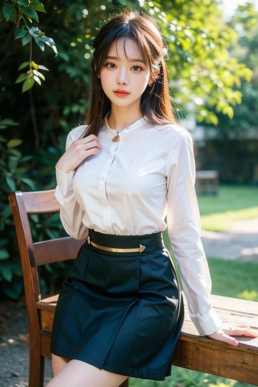 Sophisticated、​masterpiece、beautiful detail、Colorful and fine details、Delicate lips、intricate detailes、One Woman、(Beautiful 25 year old cute Korean woman:1.1)、(Kpop Idol、Mixed Korean)、(24mm Sigma F / 1.4 Lenses、F1.4、1 / 800 sec、ISO 100、a picture:1.1)、(poneyTail+brown haired:1.2)、(Photorealsitic:1.4)、(Spy:1.2)、(The shirt、a miniskirt、pantyhose: 1.4)、耳Nipple Ring、a necklace、Beautiful woman sitting on chair with food and drink plate、crossedlegs、Very beautiful slim legs、Sidewalk Cafe、lensflare、(Happy smiling face:1.1)、dynamicposes、(makeups:1.3)