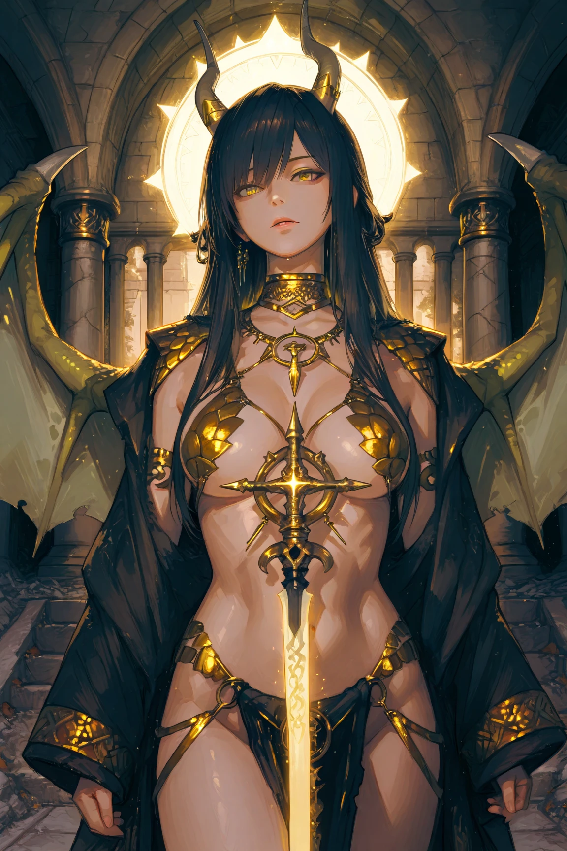 female,adult)),

(large breasts:1.5),saggy breasts,(((black hair:1.4,straight hair,long hair:1.4,colored inner hair))),(((gold_eyes:1.3))),intricate eyes,beautiful detailed eyes,symmetrical eyes,((((dark skin:1.4,lustrous skin:1.5,bright skin: 1.5,skin tanned,shiny skin,very shiny skin,shiny body)))),(spider lower abdomen,narrow waist,wide hip,bimbo body,inflated legs,thick thighs),(((detailed face))),beautiful detailed lips,

(cute,slutty,sensual,seductive look,seductive,((erotic)),opulent,sumptuous,(((nsfw)))),

revealing clothing,show skin,cleavage,(barefoot,),A woman with a staff, horned ram goddess,gothic maiden shaman,shaman witch,she is dressed in shaman clothes,holding a goat head staff,female shaman,attractive tiefling druid,pagan goddess,female druid,druid goddess,female revenant,alluring tiefling druid,The skull of her hips,((eyeshadow,egyptian makeup,eyelid makeup,gold lips,gold lipstick)),(((wet clothes,intricate outfit,intricate clothes))),

dynamic and seductive pose,looking at viewer,(smirk,beautiful smile),centered,scale to fit dimensions,Rule of thirds,