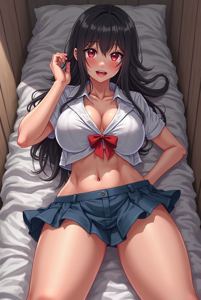 (masterpiece), {best quality}, High detail,(ray tracing), 1girl, (solo:1.5), (yukino yukinoshita:1.5), movie angle, (realistic:1.0), hand up, (groin tendon:1.4), abs, peek, cameltoe, (sweating profusely:1.5), sweatdrop, sweat, sweaty clothes, croptop, undreboob, red bowtie, unbuttoned white shirt, pleated miniskirt, bare legs, looking at viewer, nervous, saliva trail, eye contact, full body, nervous, closed mouth, spoken flying sweatdrops, spread legs, lying on her back, (masturbation:0.6), (ahegao:1.1)