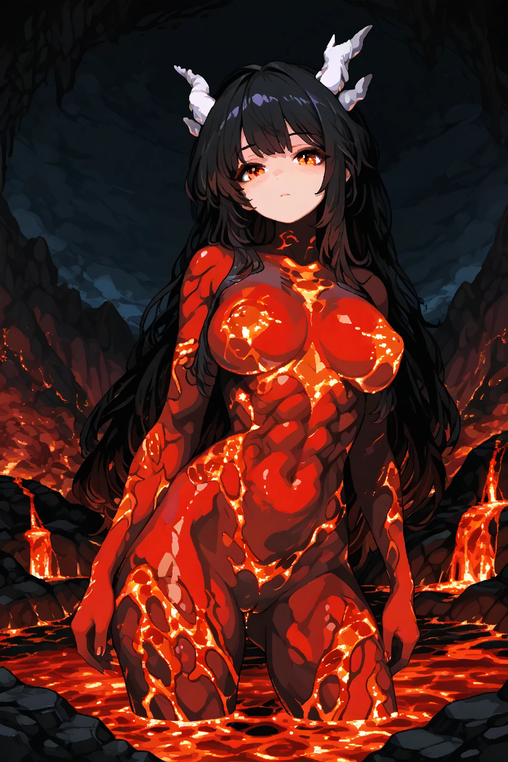 (((High quality))),(((Very detailed))),(((Slime Woman))),(((Black Skin))),(((Lava Hair))),( ((Orange eyes))),(Curvy body),(((Beautiful dress))),(((Ultra HD)))