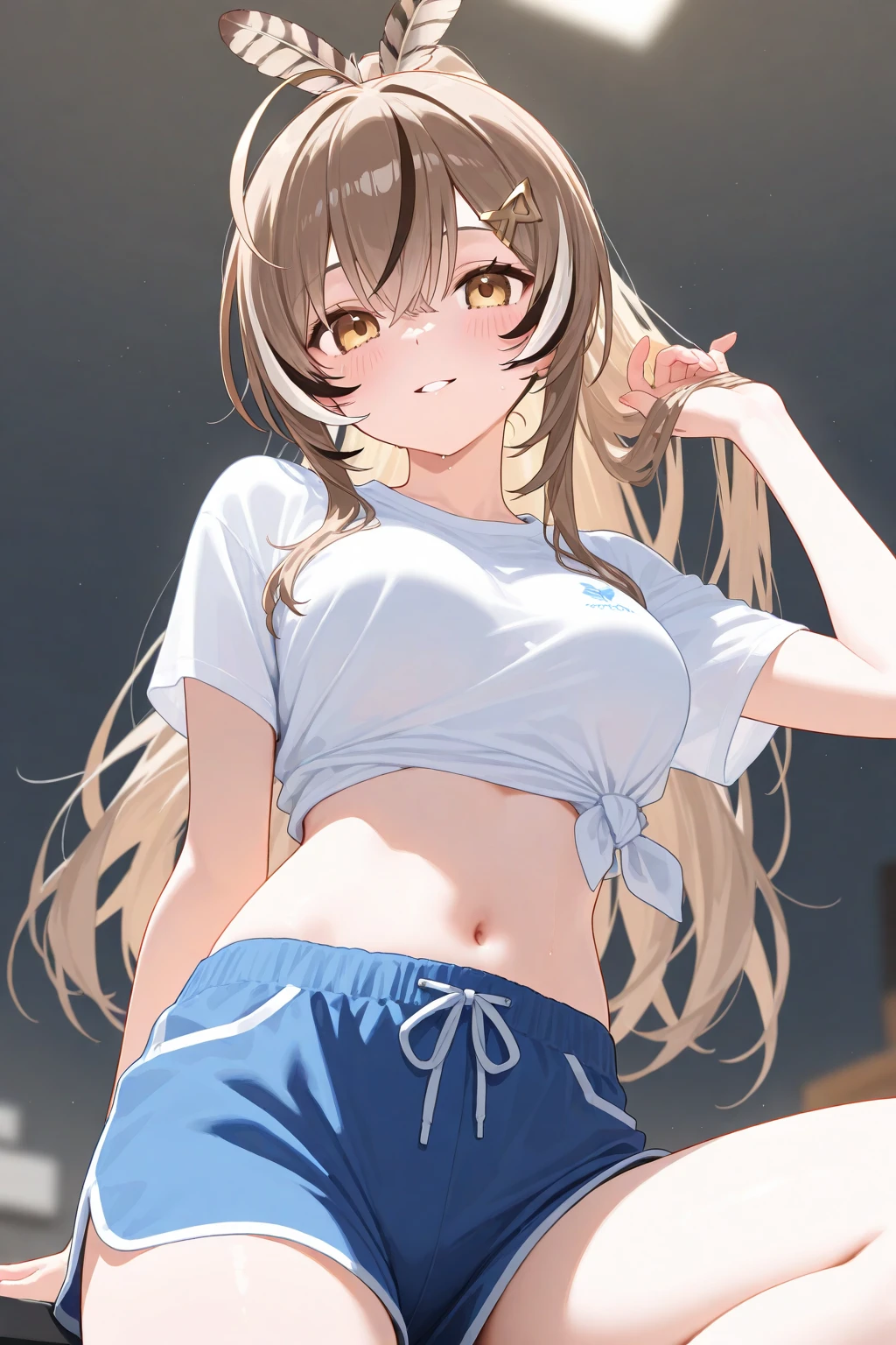 nsfw,Female,(chibi),(white t-shirt,flat chest:1.3),(shirt lift),underboob,stomach,navel,long hair, brown hair,(blue Striped panties:1.3),Cat ears,(cowboy shot),open mouth,smile,blush,cameltoe,masterpiece,Noise Reduction,perfect anatomy,high resolution, ultra-detailed, ultra-detailed face,game cg,dutch angle ,beautiful detailed eyes,visualart,five fingers, perfect hands, perfect lighting, sparkling pupils,
