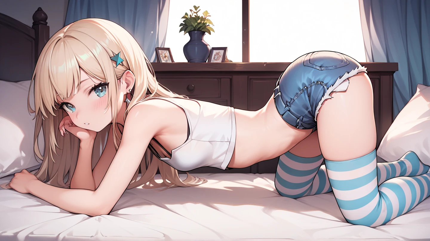 highest quality、Elementary school student bra、Beige shorts、Cool look、Stretch your legs in the room、Armpit sweat、Grass、Ecstasy face,(Charming person), (girl1name), (Highly detailed face, smile) ,, (日本のgirl), Slightly round face, (Tan brown face:1.6), cute, Big eyes、2D,highest quality,(masterpiece),(((Whole body image))),(((Head to toe on screen:1.2))),(extra long hair:1.6),(side ponytail:1.6),((yellow hair)),Healthy brown skin,((Denim hot pants)),Pink-halter top,Shining bare feet,barefoot,Beautiful brown eyes,Attractive thighs,Untidy body type,Bedroom,get drunk,Upward glance,cheeks are bright red,あざでcute,Sexy as hell,Erotic look,Large drops of sweat all over the body,Humidity,Sleep with your legs stretched、My Room、(Lie down in bed.),Side View Angle,Angle that emphasizes the buttocks,(Red nails on legs:1.2)