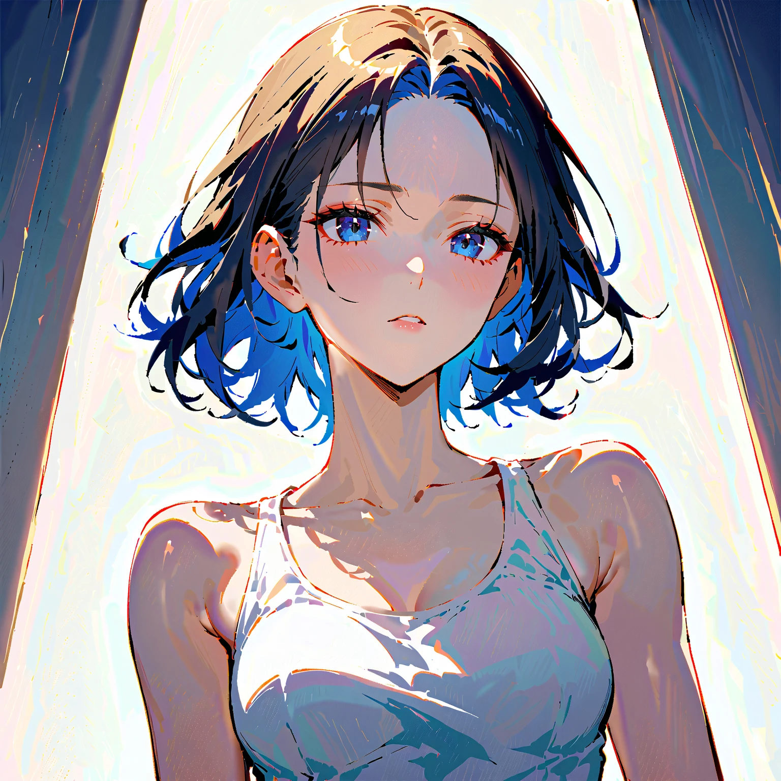 1 girl, Furina, white tank top, black gym short, standing in door way, fancy hallway in back ground, blurred, looking at viewer, close up, smirking, 8k, masterpiece, highres, best quality
