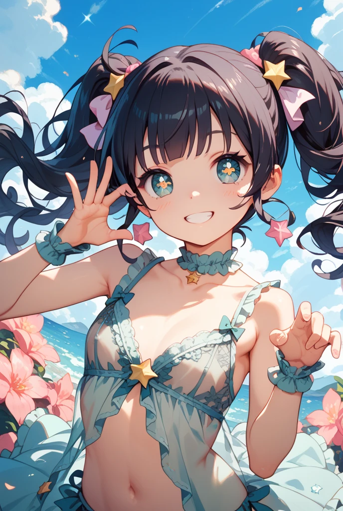 highest quality, pretty girl, dazzling smile、
side twin tails、resort island, bright sun, smooth skin, lively atmosphere, realistic, digital painting, Refreshing Water, energetic atmosphere, Bright colors, (Colorful frill bikini), brown eyes, upper body is visible,