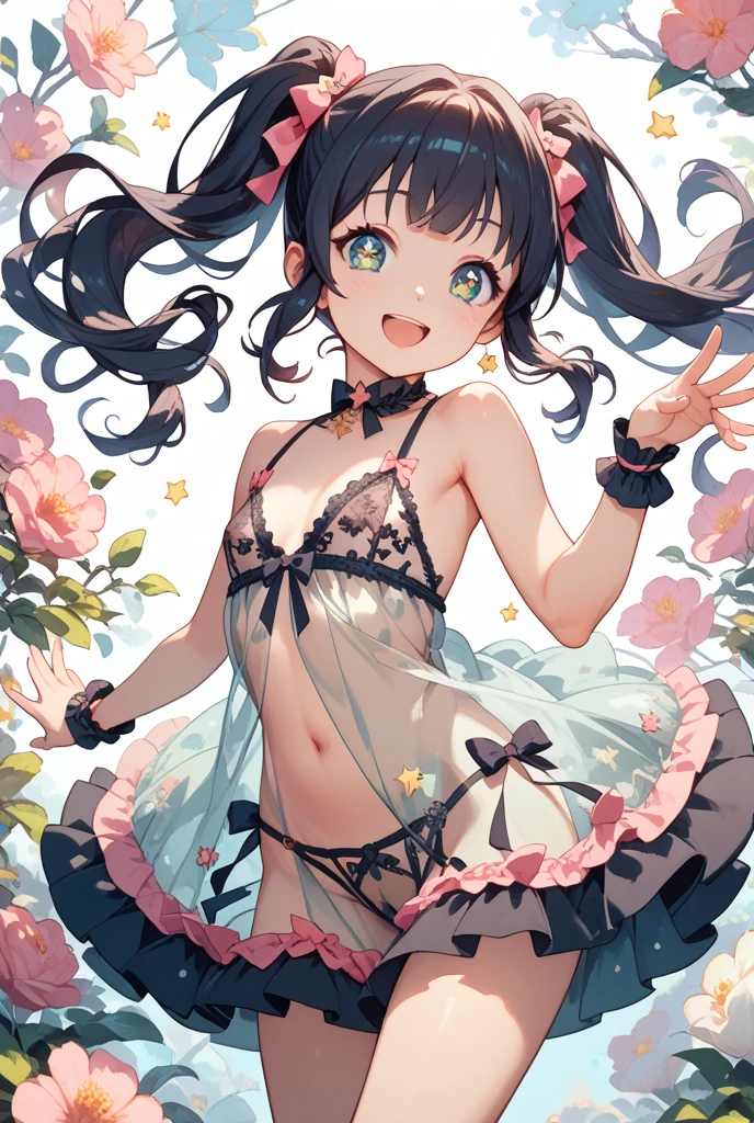 Beautiful illustrations、(masterpiece、Highest quality、8k ), (Beautiful details), Highly detailed face, Perfect lighting, Extremely detailed CG, (Perfect hands, Perfect Anatomy), Soft Focus, female child、a girl, blunt bangs, two side up, Black Hair, Yellow Eyes, short hair, Sparkling eyes、Small breasts, Slender、Navel exposure、Cat ear、tail、Underbust、(((Pink idol costume:))),(((lingerie))),Frilled Skirt、A pose that attracts men、