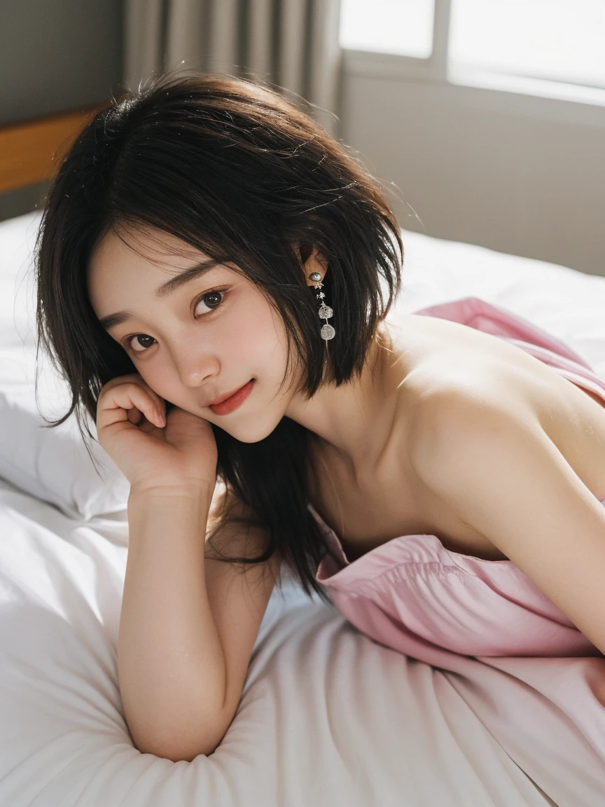 ((highest quality, 8K, masterpiece :1.3)), (realistic, Photoreal:1.4), sharp focus：1.2, 
Bright colors, professional level, shallow depth of field, 
20-year-old, 1 person, A beautiful face with intelligence, 
Supple body :1.3, model body shape:1.5, 頭w:1.4, perfect style：1.4, 
narrow shoulders, beautiful clavicle, long and thin legs, The beauty of slim abs :1.2, thin waist :1.2, 
super detailed skin, Fair skin, Shiny skin, 
super detailed face, slim facial contour, beautiful small face, Beautiful lined nose, 
super detailed eyes, long slit eyes, brown eyes, double eyelid, beautiful thin eyebrows, fine long eyelashes, 
super detailed lips, plump lips, glossy pink lips, flushed cheeks, beautiful teeth, 
Beautiful actress&#39;s ennui makeup, pink lipstick, (necklace, earrings), 
milk greige hair, delicate soft hair, 
(hair up, medium short hair, ponytail:1.2), layer cut, (dull bangs:1.2), 
(Dress up with trendy fashion:1.2), 
gentle smile, open mouth half way, Enchanted expression, stare at the camera, 
dynamic lighting, ((Hasselblad Photos)), 

((She is completely naked and is wearing a milk-colored nightgown made of satin with polka dots.:1.2)), 
(perfect breast shape, B cup:1.2), A small pink areola, 
She has a cute plump butt, My thighs are dazzling, 
(Perspective from the feet, pay attention to the nipples:1.2), 

Large bedroom in a luxury hotel, The ocean horizon spreads out behind the large windows, 
She is sleeping on her back in a beautiful posture on a fluffy bed., 
Posing with palms like a , spreading my legs, 
cinematic lighting, Bright light shining all over, 