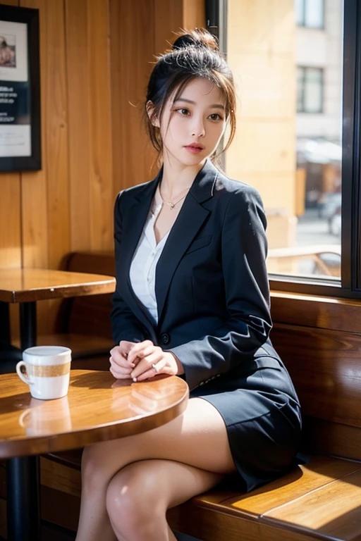 A girl sitting in an office wearing a white shirt, trench coat, dark blue skinny jeans, white boots