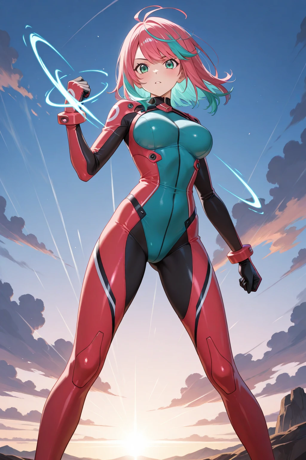 ((masterpiece)), ((best quality)), ((highres)), 1girl, solo, superhero, (red leotard), bare legs, red boots, matching boots, aura, blue aura, sleeveless, red gloves, bracelets, matching gloves, looking at viewer, light particles, city backdrop, perfect hands, perfect eyes, powering up, perfect leotard, perfect legs, perfect arms, perfect fingers, green hair, aquamarine eyes, medium breasts, short hair, bob hair, blue skin, light sprinkles,
