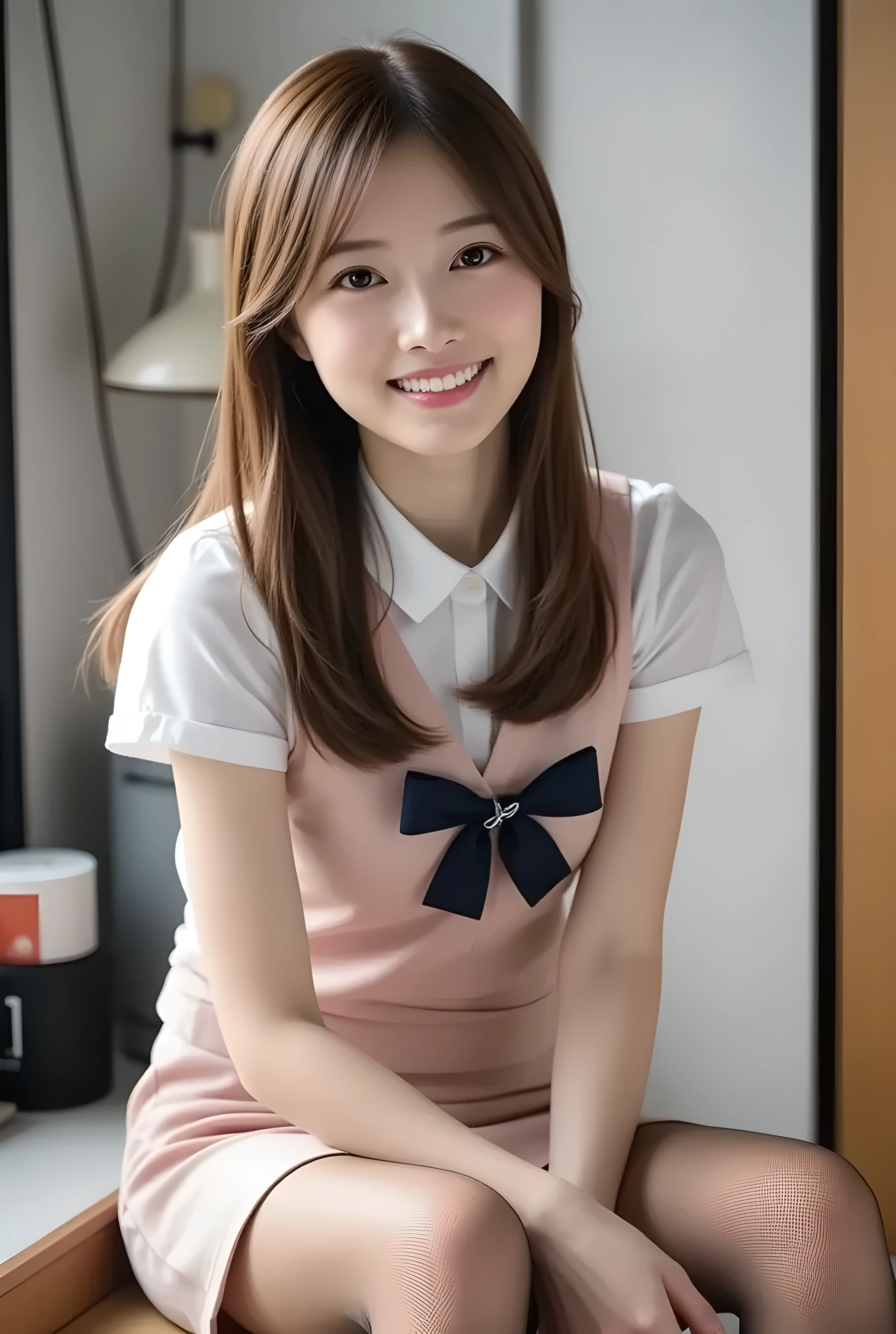 super realistic , photorealistic , (Full body image:1.5), she looks so happy , shadow, 1 giant chubby black cat , Alone, (Japanese woman in her 20s :1.5), so beautiful、 Cute Smiles , Slim, brown hair , beautiful legs , Long, slender legs , Surimi West , She's wearing a receptionist ,wearing a bus guide , turn your body forward、 white hair,full body photo ,Please take a picture up to the tip of your foot ,wear brown fishnet stockings on her legs ,When the light hits stockings, they reflects beautifully., wearing pink high heels ,