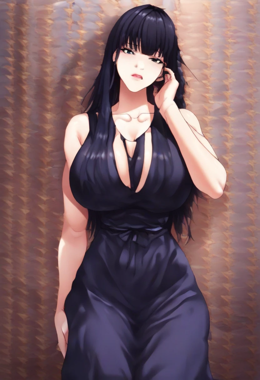 ein Comicbild einer Frau in einem schwarzen Kleid mit langen schwarzen Haaren, Seductive anime woman, Anime Frau, who wears a black dress, Nico Robin, Seductive portrait of Tifa Lockhart, Breasts covered and SFW, Oppai, beautiful seductive anime woman, with big breasts, Japanese goddess, tifa, tifa lockhart, Die glamouröse Tifa Lockheart
