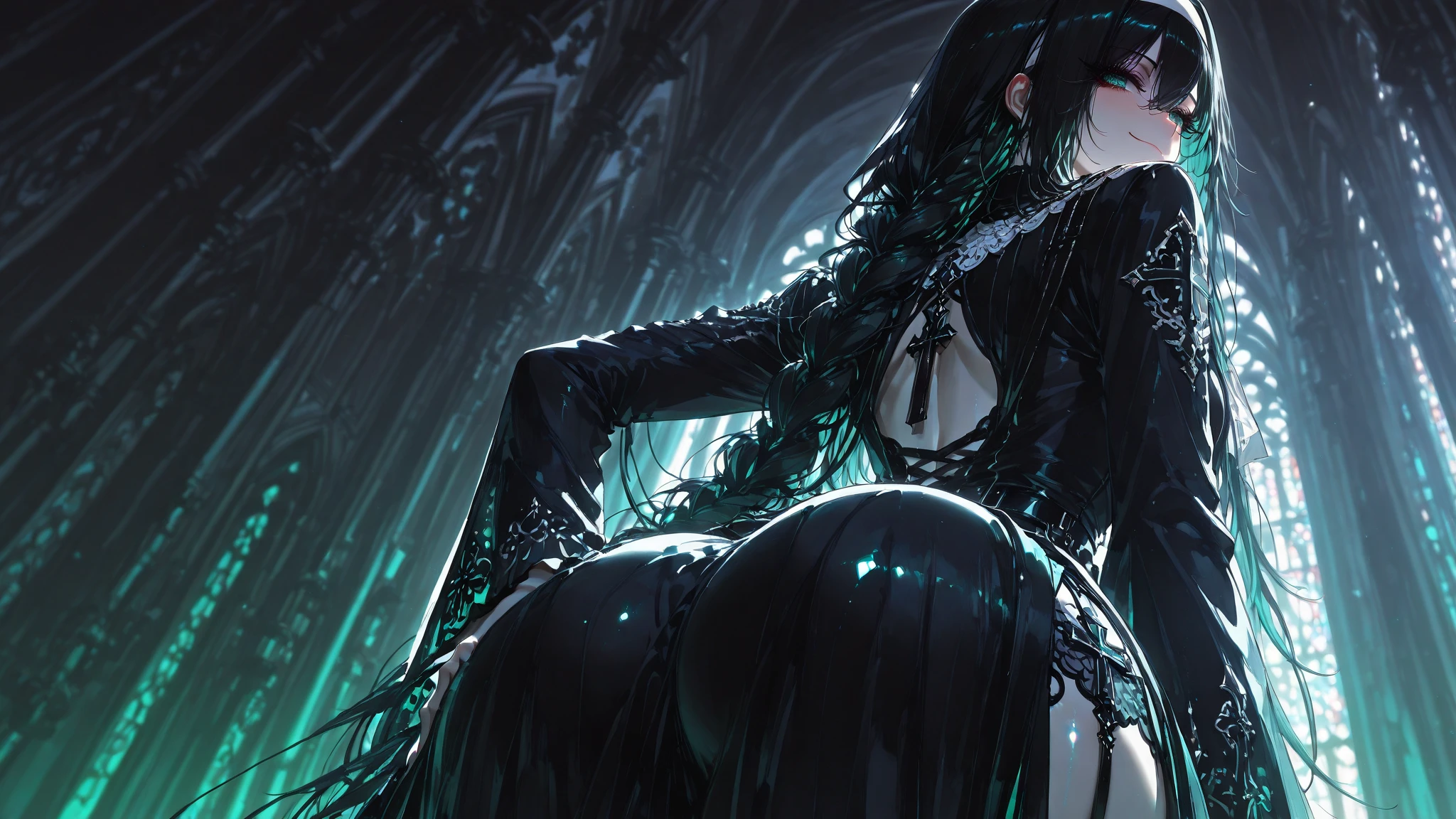 masterpiece, best quality, In winter, night, 4 But, girl, very long hair, There is blood on the face, big breasts, Gothic_Changeta, Change, Sadomasochism, Wall, Zombified,Zombie Change and tentacles fuse,Zombie Queen,Black tentacles,Tentacles and legs,back view,butt close-up,lace,fishnet,Sit on the camera