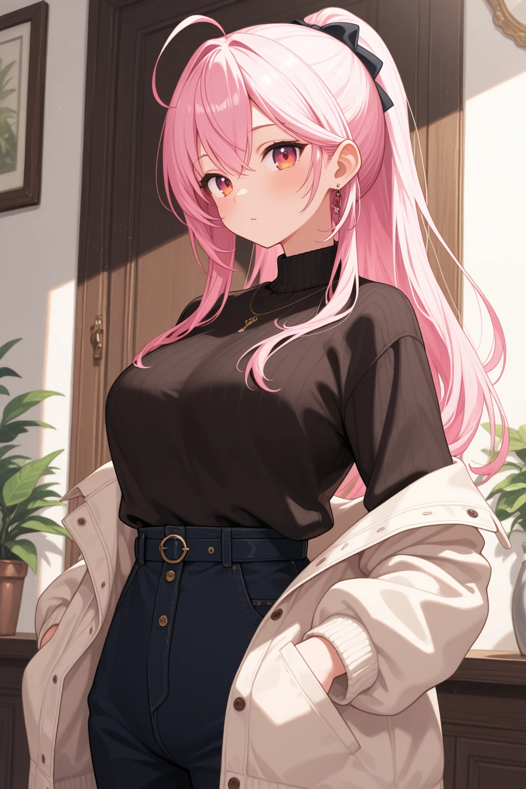 High resolution, Very detailed, perfect lighting, beautiful detailed eyes, ((masterpiece,Best Quality)), absurdities, alone, princess zelda, by the width, crown braid, Hair clip, pointy ears, pink shirt, long sleeves, Gloves without fingers, black gloves, Black pants, tight pants, smile, curves, nod, , deep neckline, deep neckline, bare breasts, bare breasts, NSFW, visible nipples, visible nipples , pink hair, pink hair