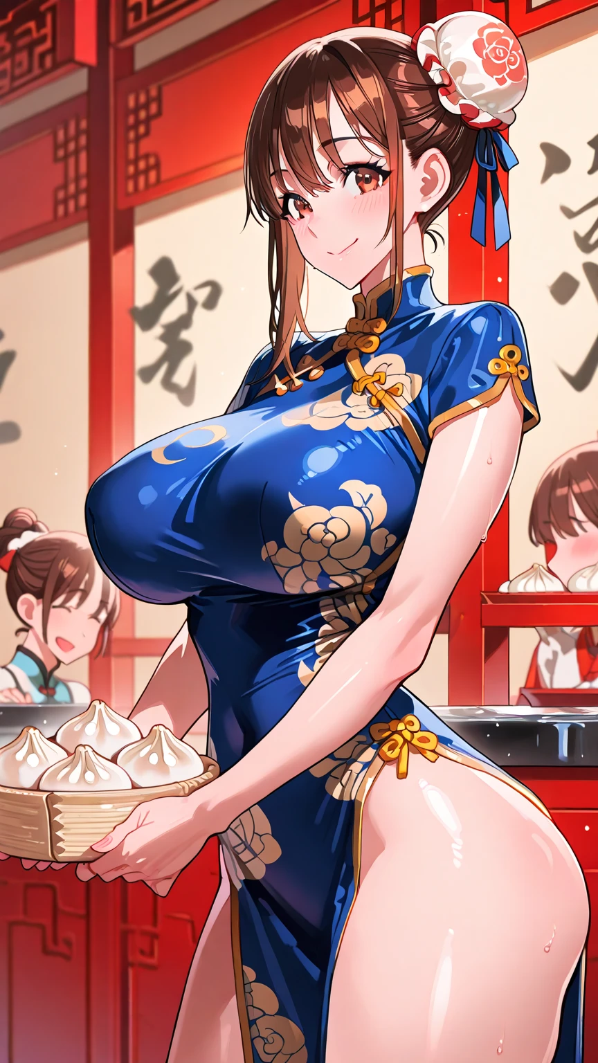 A woman and a girl, both busty, ambas son elegant china idol.
