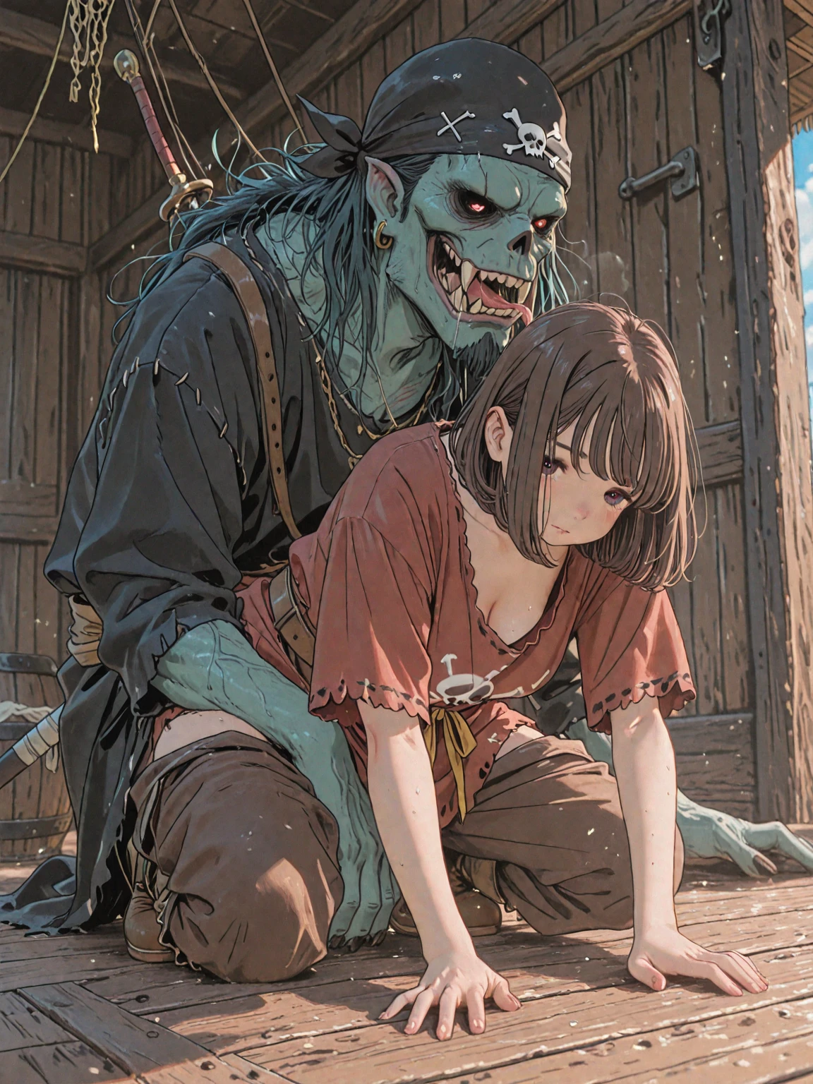 masterpiece, (((goblinriding, a goblin is riding a girl))), goblin, multiple goblins, goblin gangbang, goblins, (((all fours))), 1girl, (kimono:1.1), (nose hook), reins, collar, chain, rope, obey, happy trance, smile, proud face, happy face, hair ornaments, large breast, expressionless, emotionless, blank eyes, empty eyes, mind control, cave background, MIYO, hair ornament, mole, mole under eye, black hair, long hair, purple eyes, hair over shoulder, (((torn clothes))), _VERY LONG BLACK HAIR WITH PURPLE REFLECTIONS_SQUARE BANGS_PALE PINK EYES_, MIYOSAIMORI, BANGS, BRAID, FLOWER, HAIR FLOWER, battle, crowd, blood splatter, fleeing, grabbing, running, foreshortening, attack, fighting, monster, glowing eyes, horror