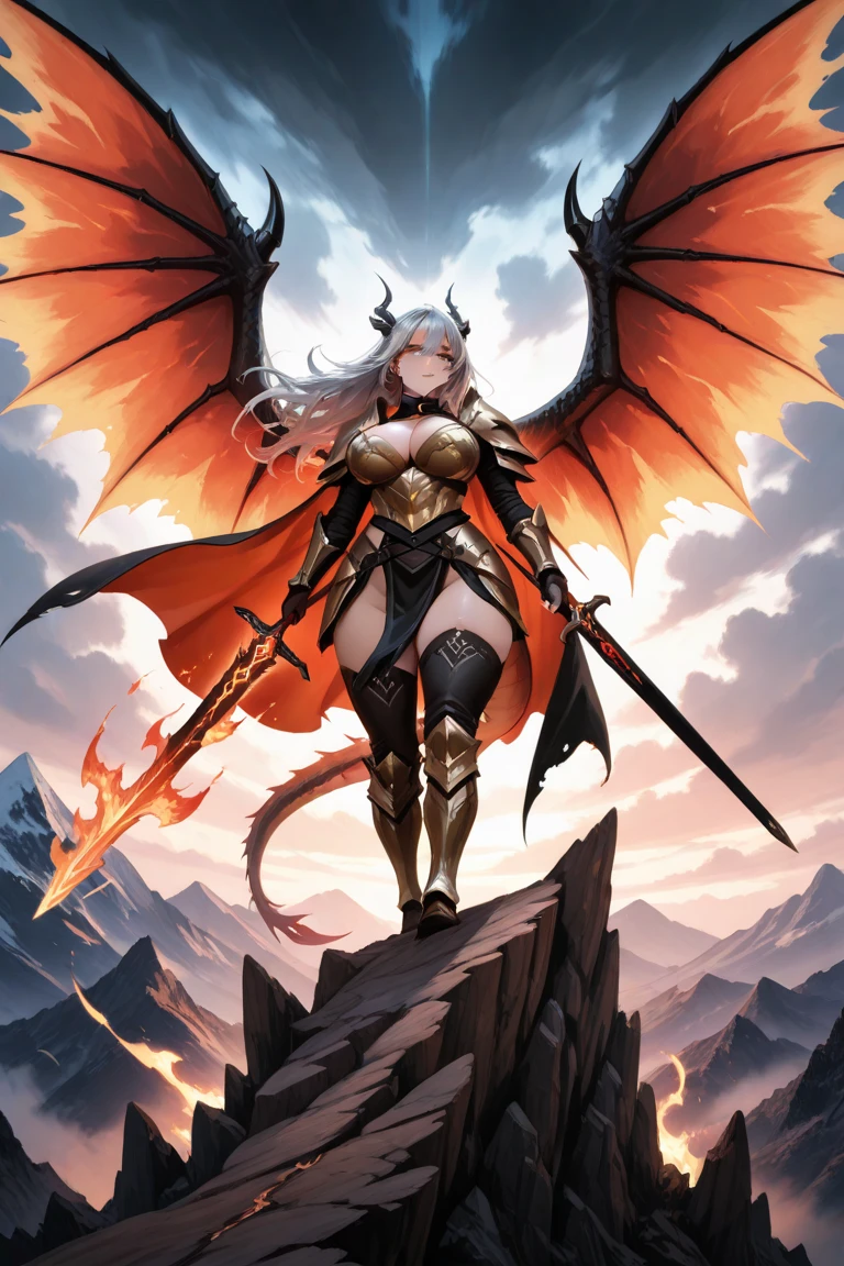 ((A giant dragon girl with wings and horns breathing fire from her mouth.)) medieval fantasy style　) ((giant girl))　Burning and destroyed city　ruins　Rubble pile　　Giant Girl　Dragon Wing　Dragon Horn　Metal armor　Metal Shoes　((Long Spear))　Stretched nails　　beautiful girl　Metropolis　church　Chapel