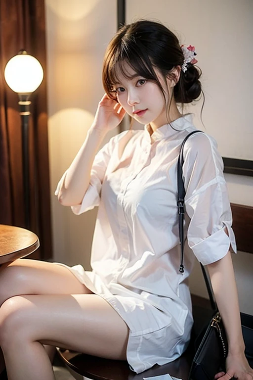 Autumn clothes,Laugh at seeing this,View here,Delicate body,tilt your face slightly,de pele branca,Korean beauty, crossedlegs, extra detailed body,年轻,White hair, Realistic and detailed faces,Shy face,The upper part of the body,smirking,girl with,girl,short-hair,((top-quality、8K、masterpiece:1.3))、sharp:1.2、Perfect Body Beauty:1.4、Slim abs:1.2、((Layered Hair Style:1.2))、(Wet white button long shirt:1.1)、(Rain、Street:1.2)、Wetty:1.5、Highly detailed facial and skin texture、A detailed eye、二重まぶた、Aspect of looking at the camera,