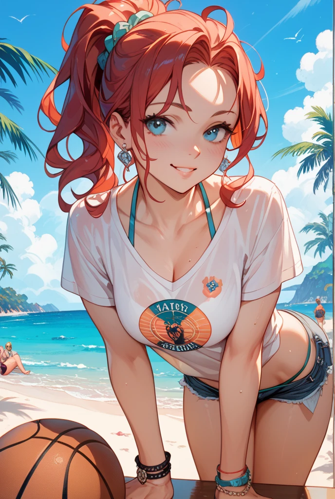sunsethuman, female, bikini, open shirt, sitting at a bar on a beach at sunset, sipping a drink with a straw, two tone hair