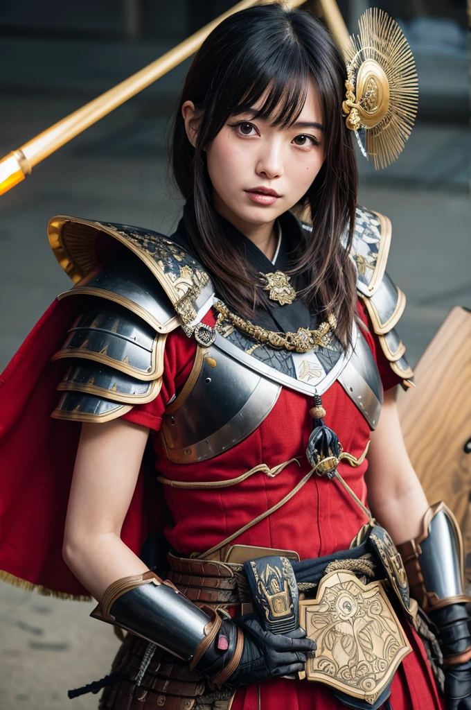 ( bangs, blunt bangs, brown hair, short ponytail,, Depth of written boundary, f/4.0, 135mm, Nikon, uhd, masterpiece, Textured skin, Super detailed,4K,Wide-area lighting),(Beautiful woman: 1.4、Very white skin、Fine grain、 double eyelid)、(((hair ornaments、Wearing green leather armor、Bust Shot、Rin々Funny face、Sengoku period、Japanese-style building、Samurai)))