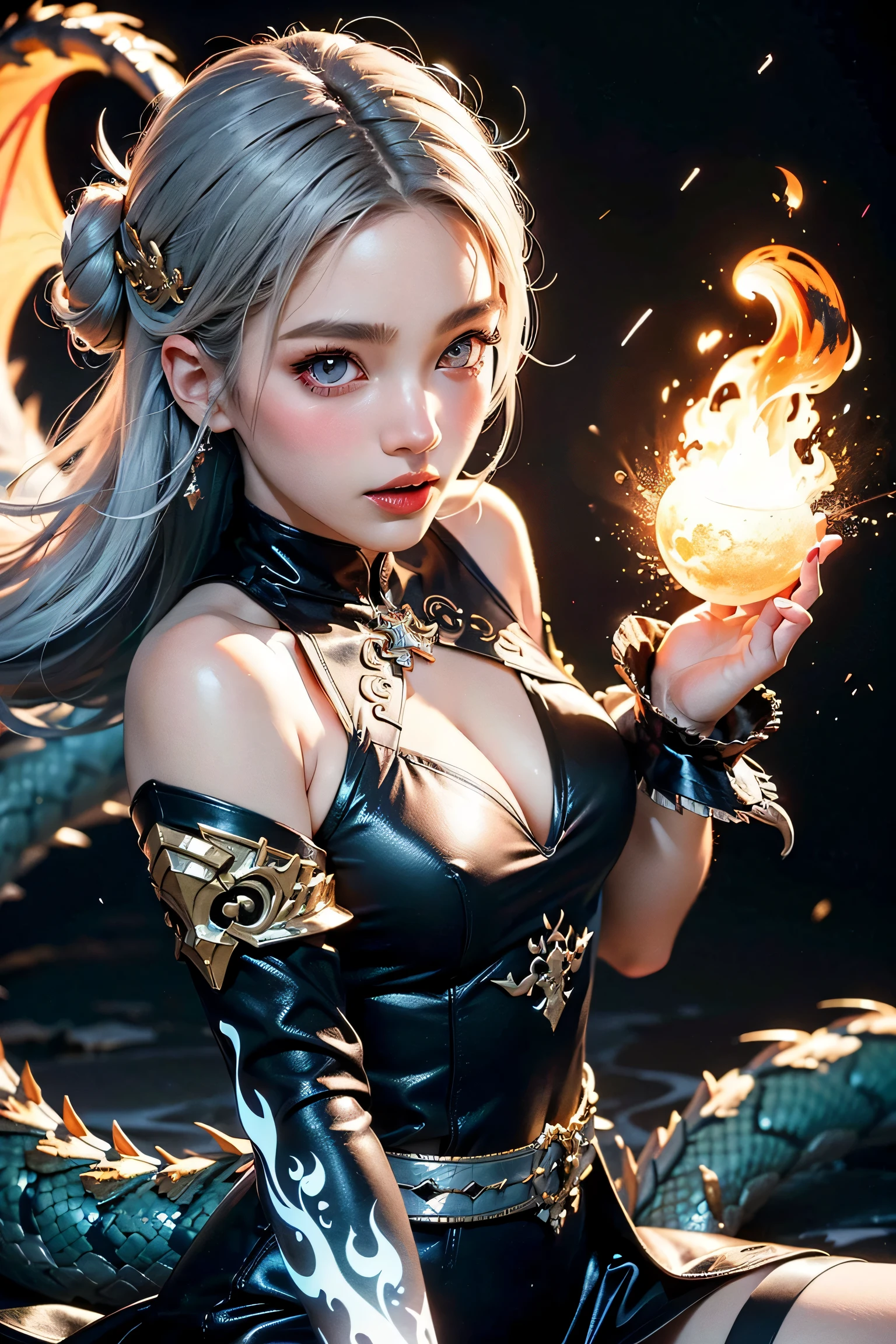 (A Divine Beast), Nine-Tailed Demon Fox, Dynamic Body Type, (Chinese Monster), Handsome, Splashed Ink, Chinese, 1girl, ((2.5D)), Floating Hair, Beautiful Eyes, Delicate Eyes, Delicate Silhouette, detailed collarbone, perfect collarbone, Fantasy Art, (Black and Red Antique Brocade Hanfu), FOV, (Masterpiece), Frontal Shot, Side Portrait, White Background, (Movie Poster), Sharp, Splash, Cloud, Petals, Empty, Sky, (Wide Angle Lens), Vista