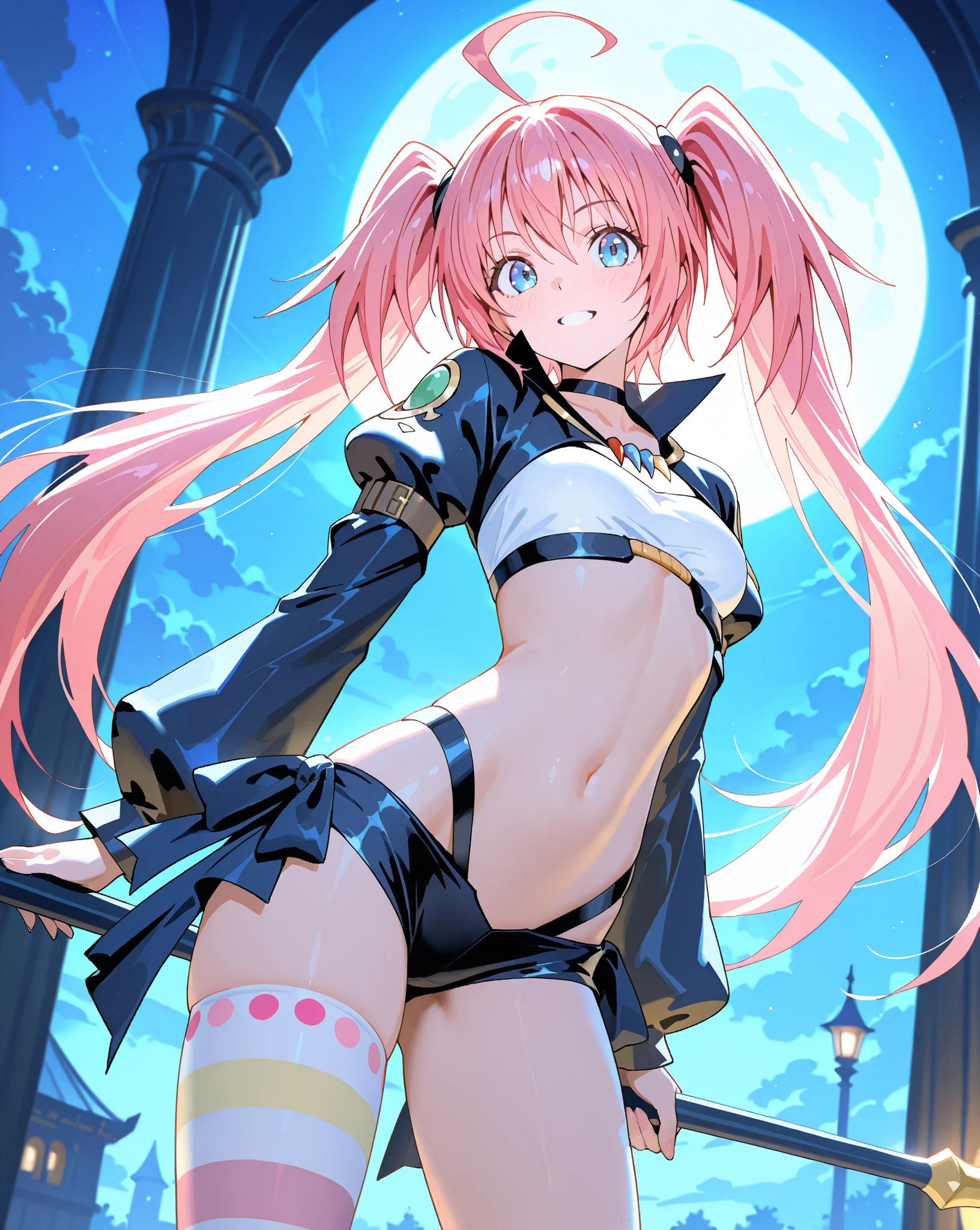 1Female、When I was reincarnated, I was a slime character(child)、masterpiece、superior quality、precise、animesque、child Demon King、Aimei、beautiful blue eyes and detailed、Pink hair、two-tailed、Proud double tails, very short black bikini 、Average breasts、True to the original、((barefoot)), muscular belly, beautiful muscular legs, Thick legs, (Smile), looking at the viewer from behind, city scenery, at night and with starry skies