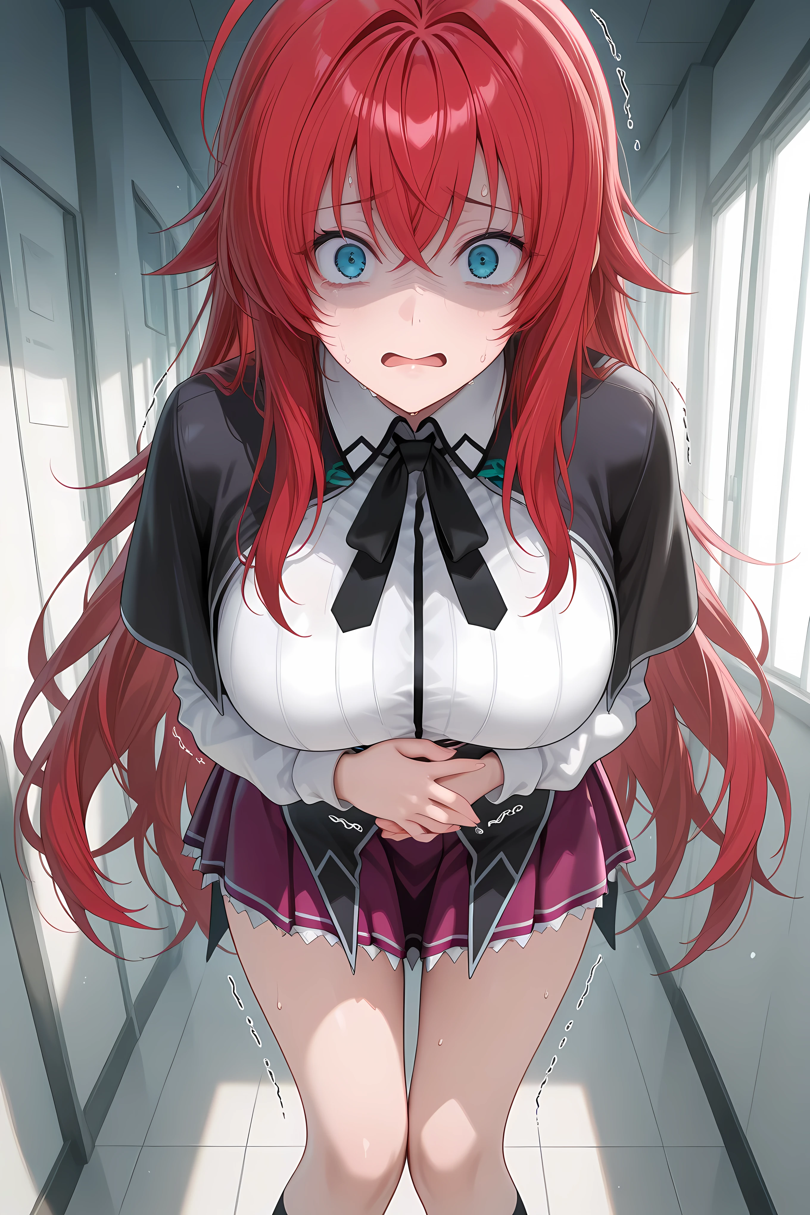 1girl, hand on own stomach, sweat,  leaning forward, nervous, scared, trembling legs, ,aarias, long hair, red hair, ahoge, blue eyes, school uniform, black capelet, neck ribbon, collared shirt, white shirt, long sleeves, underbust, black dress, miniskirt, purple skirt,,general, masterpiece, highres, ultra-detailed, hyper-detailed, best quality,  amazing quality, very aesthetic, best hands, best eyes, best hand, japanese school hallway

