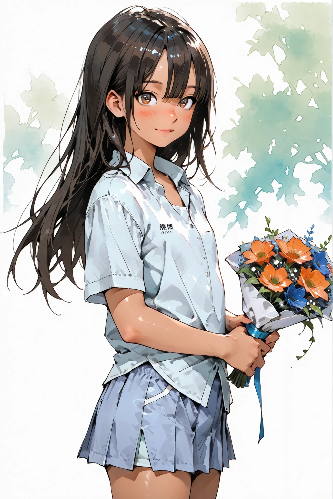 1girl,Super Detailed,absolute resolution,(dynamic angles),(tanned skin:0.5),(tanlines:0.3),(portrait),(pinup),from side, ((cowboy shot)),
(Holding a bouquet:1.3),
white shirt,(short sleeves),collared shirt,(open collar),,((untucked shirt)),Navy blue pleated miniskirt,((light blue track shorts under miniskirt)),
detailed and beautiful face and eyes,brown eyes,big eyes,Japanese girl,flat chest,(round nose:0.5),
semi-long straight black hair, chest-length hair, neat straight bangs ending between eyes, slightly parted bangs, long front hair strands
(blush:0.8),(nose blush:0.8),light smile,(parted lips:0.5),Watercolor anime,