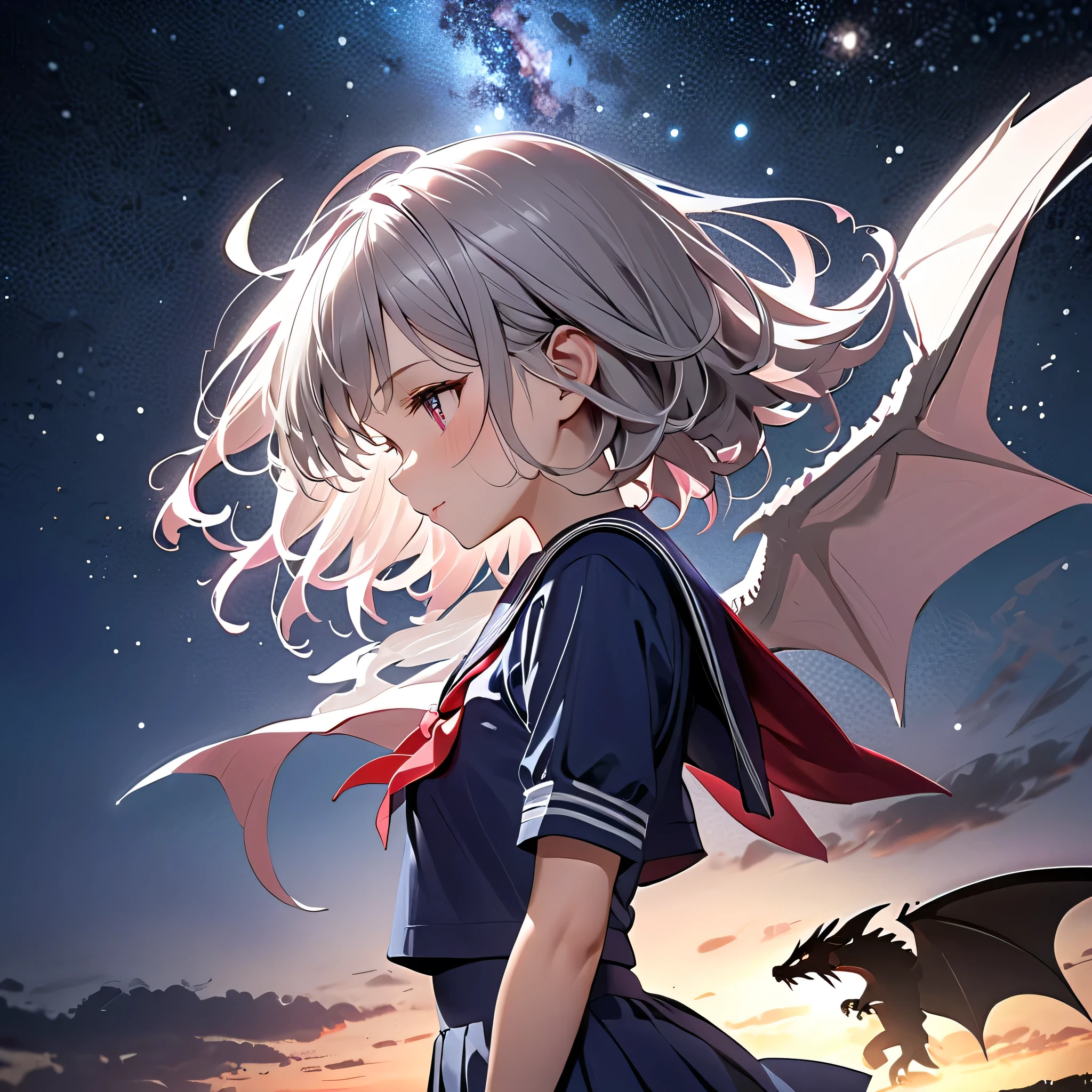 Finest Details、(((top quality、Ultimate Masterpiece、Super Detailed、High precision in selection、CG、HHD、movie)))、A cute young girl is looking at the sky、The girl's shadow is in the shape of a dragon、It has a certain charm、gray haired、sailor suit、shadow of the dragon-shadows、Storing Tears While Looking at the Sky、starry sky、mysterious、Fantastic Moonlight Source、