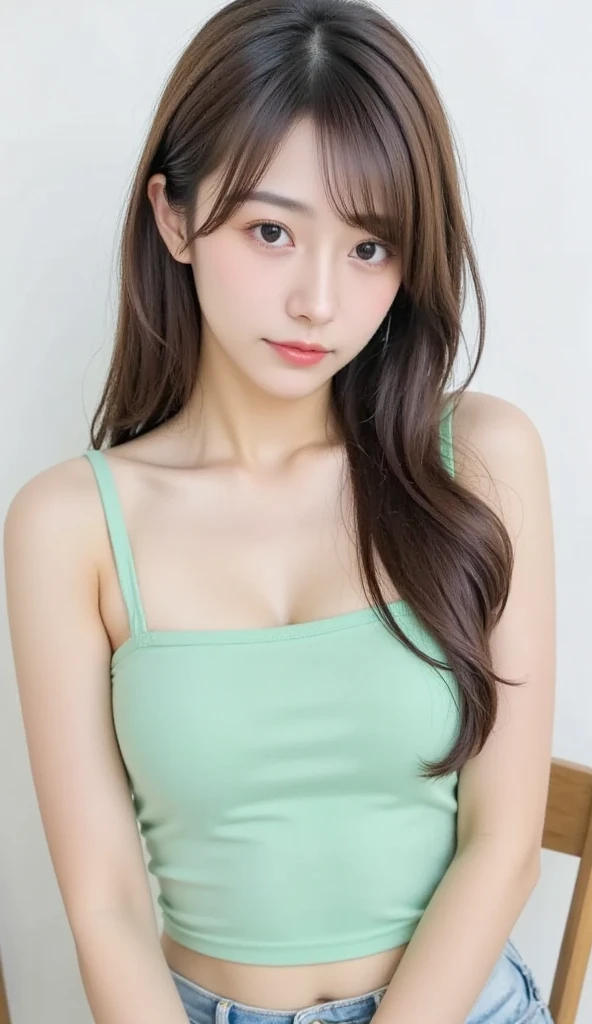 masterpiece,highest quality,1 Girl,delicでed face, bangs, just_arm, just_shoulder, green_eye, clavicle, (high resolution:1.48)、(13 years old:1.48)、(Very large breasts and tight clothing:1.48)、(Kids Model:1.48)、(A slim, well-toned body:1.48、
