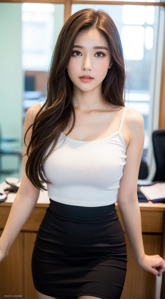 ((Highest quality, 8K, masterpiece :1.3)), whole body, Sharp focus :1.2, Beautiful woman with perfect figure :1.4, Slim Abs :1.2, ((Dark brown hair, Big Breasts :1.2)), Body Dress :1.1, (Night city view, Modern balcony :1.1), Highly detailed face and skin texture, Fine grain, double eyelid, Small Bust, OL Uniform, office Wear, White T-shirt, Exposed cleavage, (Black Pantyhose), (No pants), Indoor scene, office