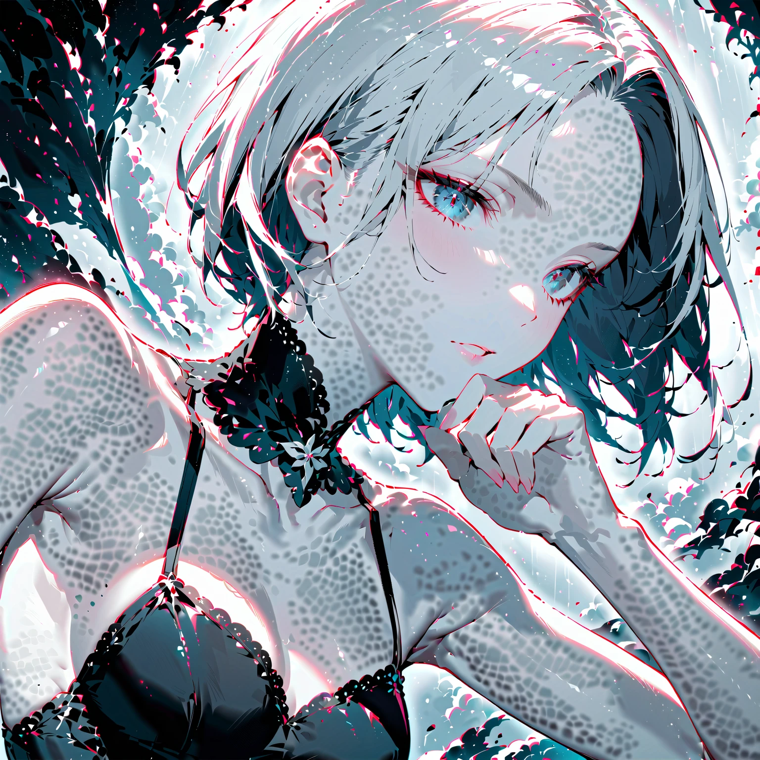 not safe for work　Silver Hair　Short Hair　Black headband　bluish eyes　beautiful girl　nsfw　Goth Pee　Sweaty　Wet　Blank expression, violent movements　Tentaclesから襲わている seventeen　１people　Constraints　身体にTentaclesが巻き付いている　お尻の穴からTentaclesが侵入 脚を開いてしゃがんでいる　Tentacles