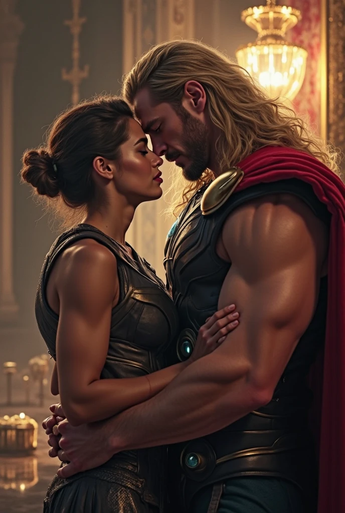 ((((Pericles and Aspasia kissing tightly each other)))), Ancient Athens background, waistcoat, loincloth,expression of love,  smile, (((a bodybuilder and female bodybuilder))), a handsome guy and a cute girl, (((very muscular body, vascularity, veins))), upper-body portrait, upper-body Image, real man and woman, barefeet, barefoot, (abnormally developed muscles), (((color Image))), masterpiece, best quality, high resolution
