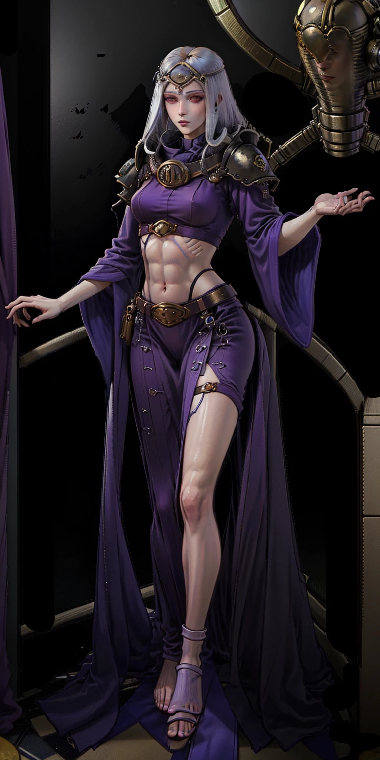 Two long thighs, short hair, large breasts, detached sleeves, very white background, royal tiara, long cape, yellow tiger bikini, high heels, hands on hips. red tattoo on belly navel, full body female MILF BIMBO, lustful smirking smile face (red blush), metal shoulders, golden bracers sleeveless, black choker sex slave, blindfolded, leather corset abs navel, parted lips, blindfolded