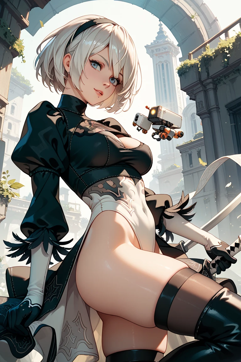 {(masterpiece,best quality, 16K portrait, UHD, extremely detailed the work, detailed beautiful face and eyes and skin and hair)} 
BREAK {(ultra realistic photo graphic style)} 
BREAK {solo,(2B of Nier-Automa:1.4), (lightbrown-lightwhite colored hair:1.4, short cut hair), (medium mouth),(narrow and sharp eyes),(attractive blue-glay eyes:1.4),(left-eye hidden by bangs:1.2),(slender body,small breasts):1.4,captivating lips} 
BREAK {(Nier-Automata-2B costume:1.2),(cleavage between breasts:1.2),(hairband:1)} 
BREAK {(gravure-model pose),(from below)}