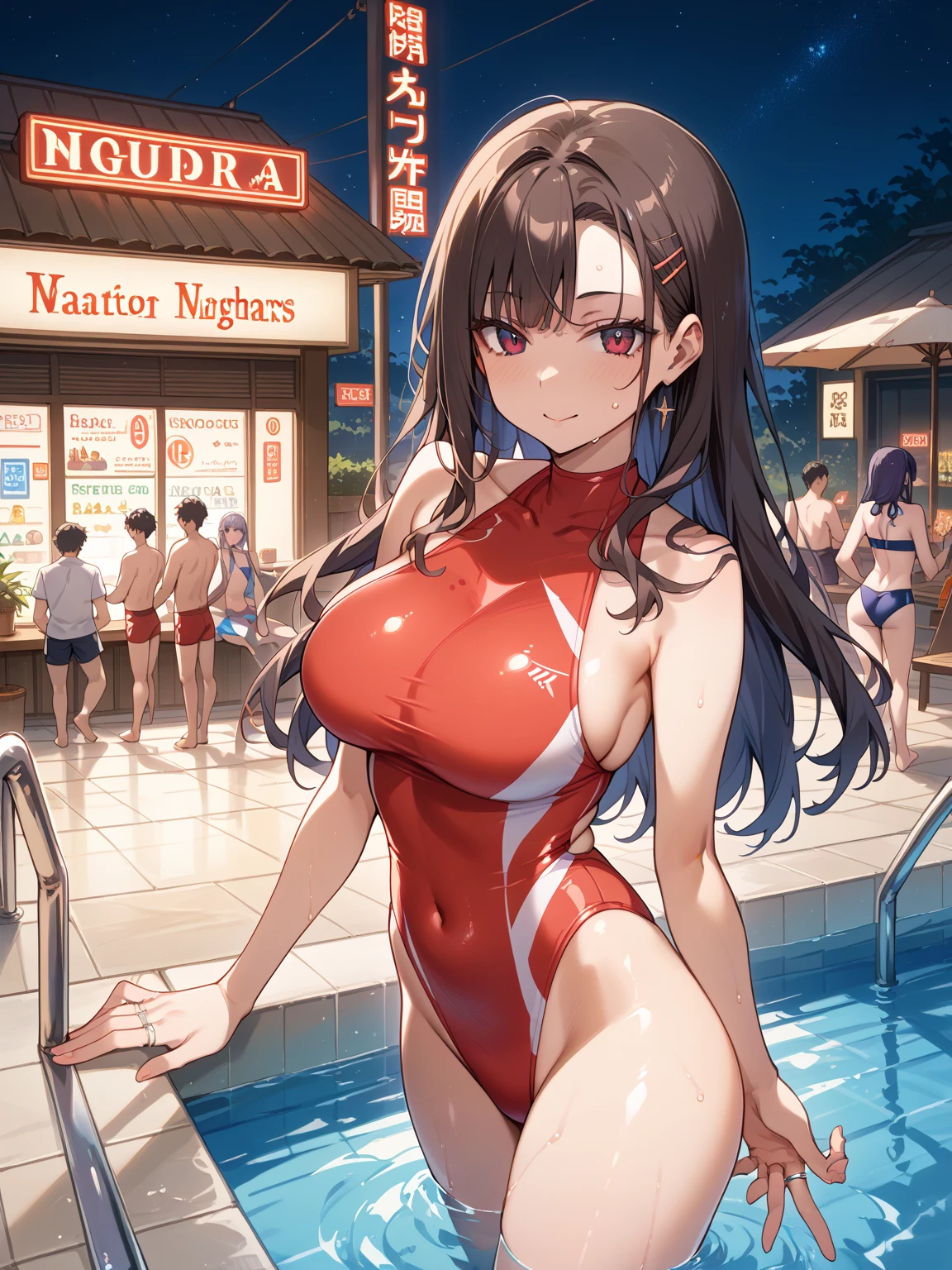 NSFW、Slender Beautiful Girl、soio、evangerion、Shikinami Asuka Langley、{red plugsuit}、School swim wear、top-quality、finely detail、Does not blush cheeks、Undersized breasts、Small eyes、blue-sky、splash water、Pose with hands on hips