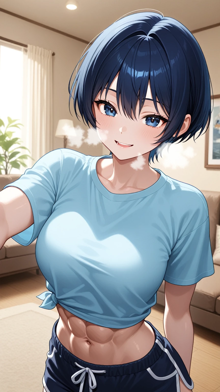 masterpiece,highest quality,Beautiful face and eyes in every detail,(1 milf:1.3)、skinny、flat chest、 black hair,(very short hair),amount,flowing bangs、(grin and laugh),(grinning eyes)、(white V-neck T-shirt)、She lifted her shirt to reveal her navel、on the bed、selfie、