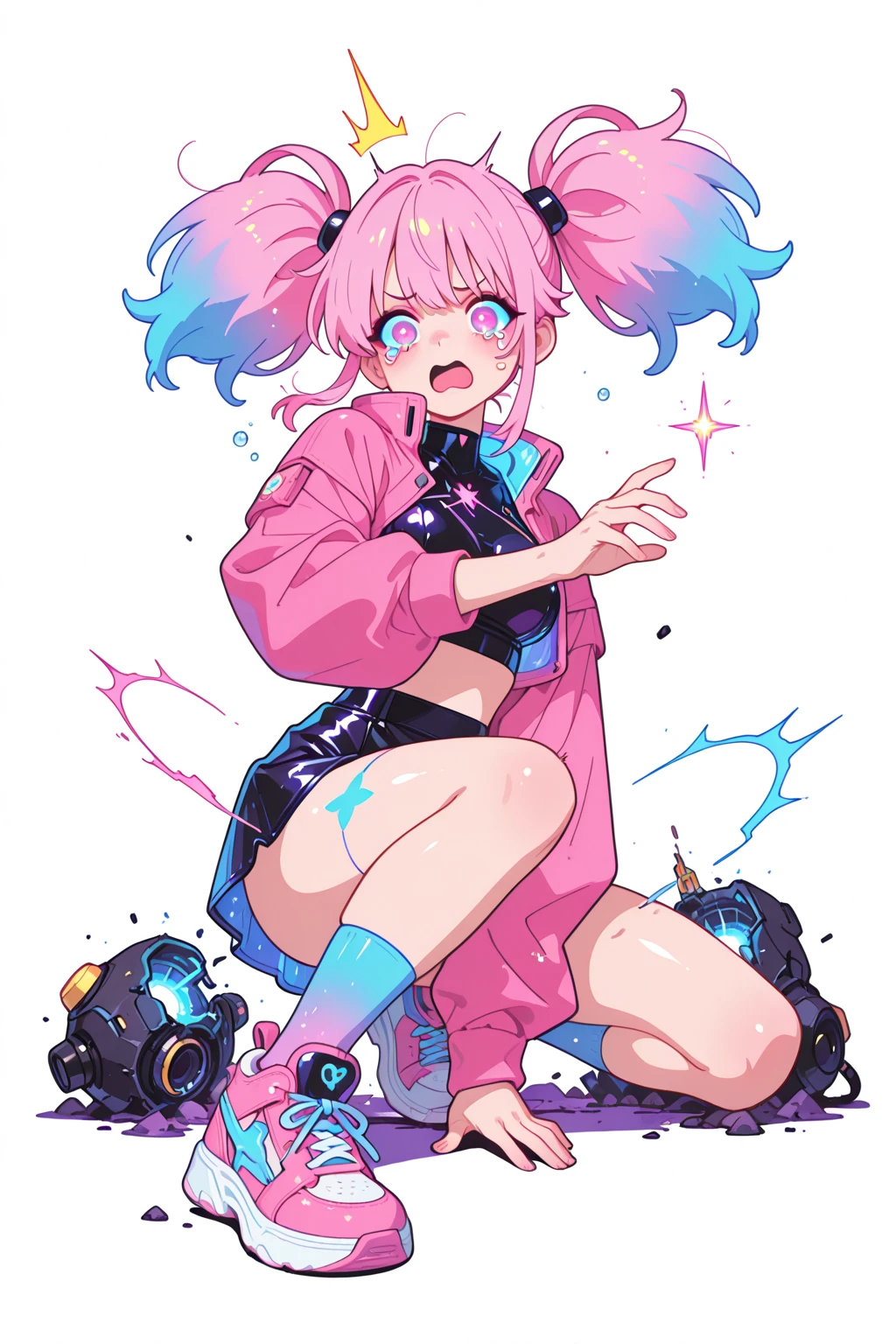anime girl with pink hair and a pink top and blue shorts, Pink ponytail hair and cyan eyes, Smooth anime CG art, seductive anime girl, anime grandma, anime girl, Humanoid pink female squid girl, Sakura Haruno, Anime visuals of cute girls, ecchi anime style, cute anime girl, kawaii realistic portrait, pretty anime girl