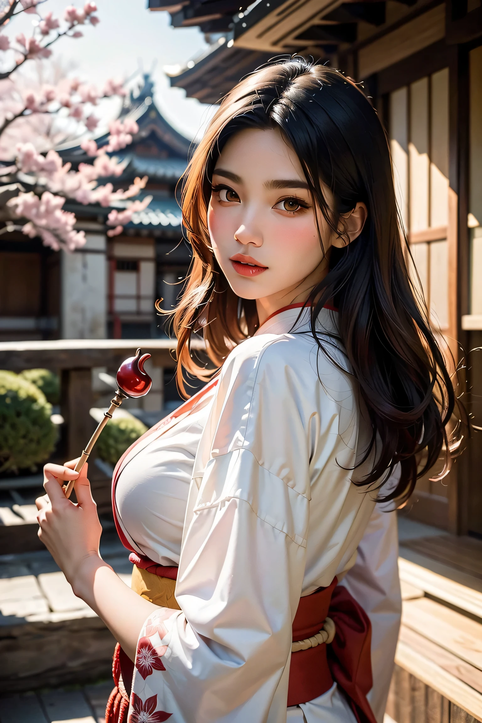 (masterpiece, Need,1girll, Solo, Intricate detail, Up view, color difference), real photo,(front), (shoulder cut), slit, Close-up, smile, Enhance sexy look,Yae Miko, Purple blue hair, purple blue highlights, purple eyes, sharp look, perfectly symmetrical figure, neon shirt, revealing jacket, sweater, leaning against the wall, Brick walls, scribbles, dim lights, alleys, looking at the viewer.((evil streaks, cleavage is seductive, big breasts are enchanting)) ,(((cherry blossom background) )), ((((Japanese cherry blossom garden background)))), (((Shine in the dark background)))