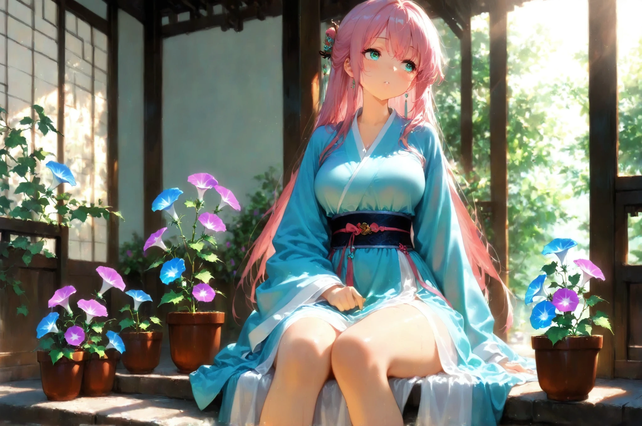 add micro details, (masterpiece, best quality, amazing quality), Traditional, hanfu, pink hair, She turns around, Morning glory flower pot, soft lighting, morning, 