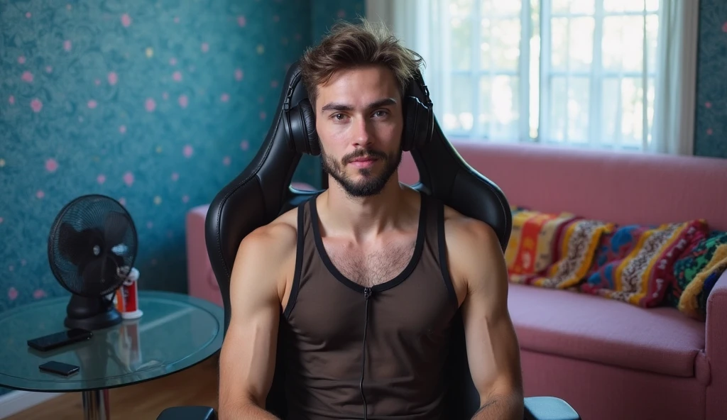 It generates a very handsome young boy with perfect features, with glasses, freckles and a nice smile, he has a muscular body, he has gamer headphones on and he is sitting in a gamer chair, he is completely naked and somewhat sweaty, he has hair on his body, He has a video game console controller in the middle of his legs holding it with his hands, you can see in the background a room with blue LED lights, a screen and video games, his penis is large and very visible. explicit image.