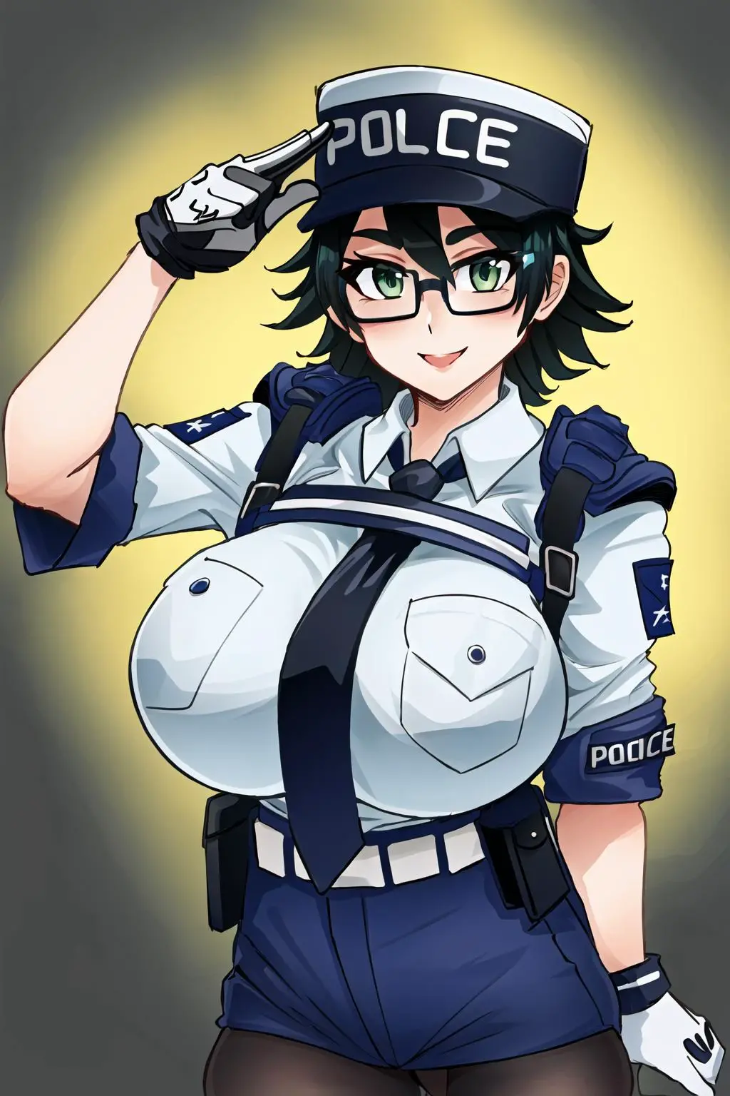 <lora:mariewentz:0.8>, black-framed eyewear, green eyes, breast pocket, clothes writing, necktie, police hat, police uniform, policewoman, shorts, pantyhose,, (Masterpiece, Best Quality, Highres:1.2), Detailed, Intricate Details, 4K, 1girl, solo, cowboy shot, high rating, huge breasts, smile dynamic pose,