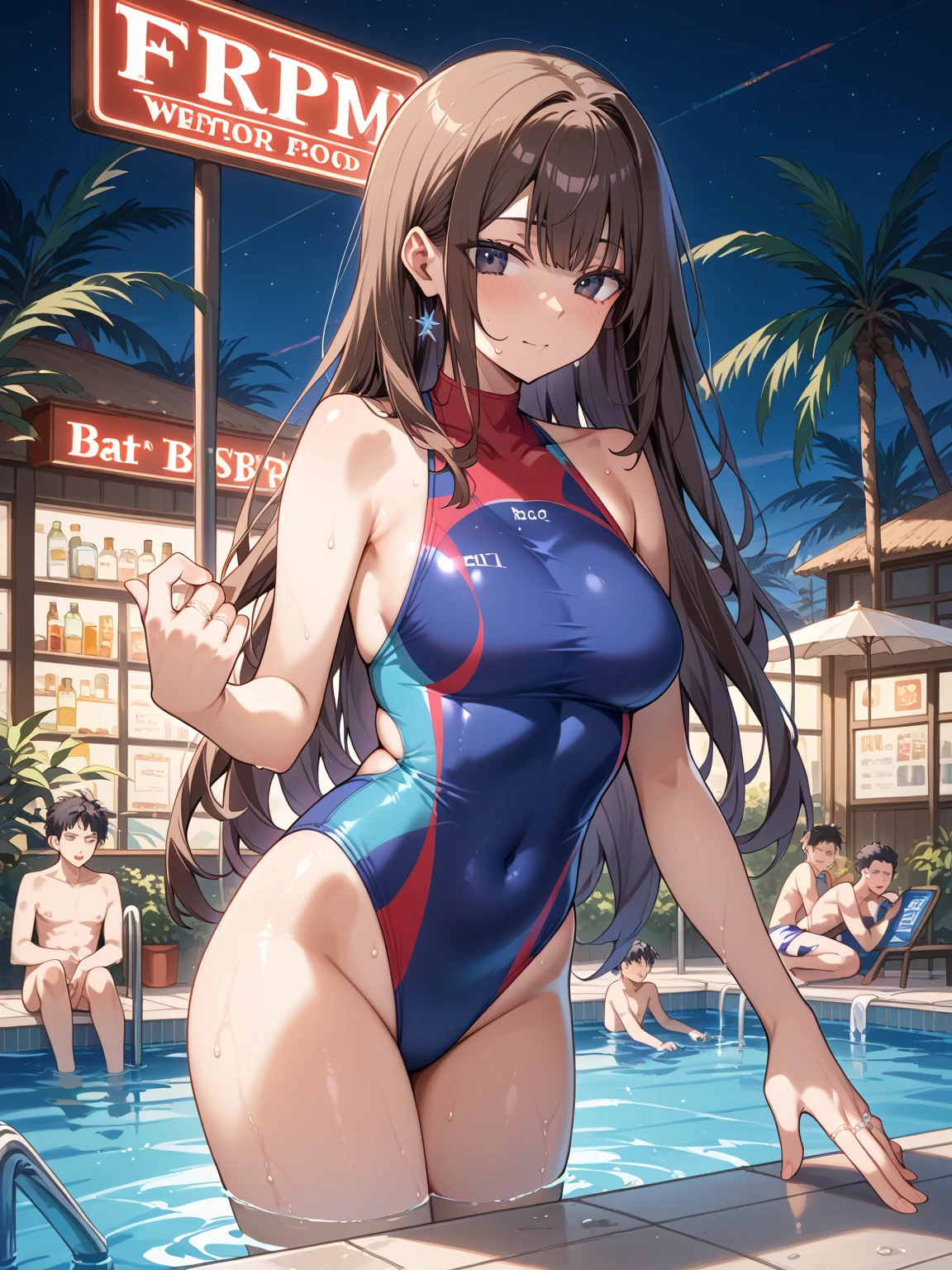 An anime-style artwork depicting ruan mei from the game Honkai star rail.
Tags: ruan mei, anime, detailed eyes, detailed lips, tight bikini, smiling expression, intense gaze, glowing emblem on hand, dynamic pose, outdoor pool, vibrant colors, digital art, high-resolution, professional quality, gigantic breasts, (underboob : 1.4), curvy, cowboy shot, (gigantic breasts: 1.4), (green eyes : 1.4), (light brown hair), curvy ass, big butt, bubble butt, from behind, back view