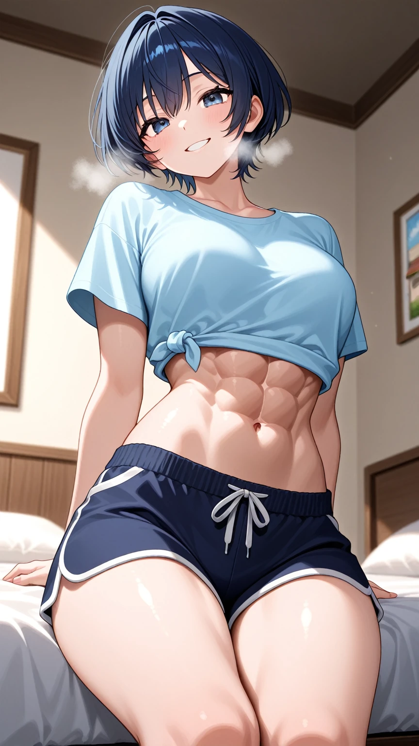 masterpiece, 1girl, solo, highlights in the eyes, serious, blue hoodie, white t-shirt, gray sweatpants, purple and blue two-tone hair, black back of hair, disheveled hair, indoor, in a living room, sexy, 8k, belly button, slim, beautiful skin, abs