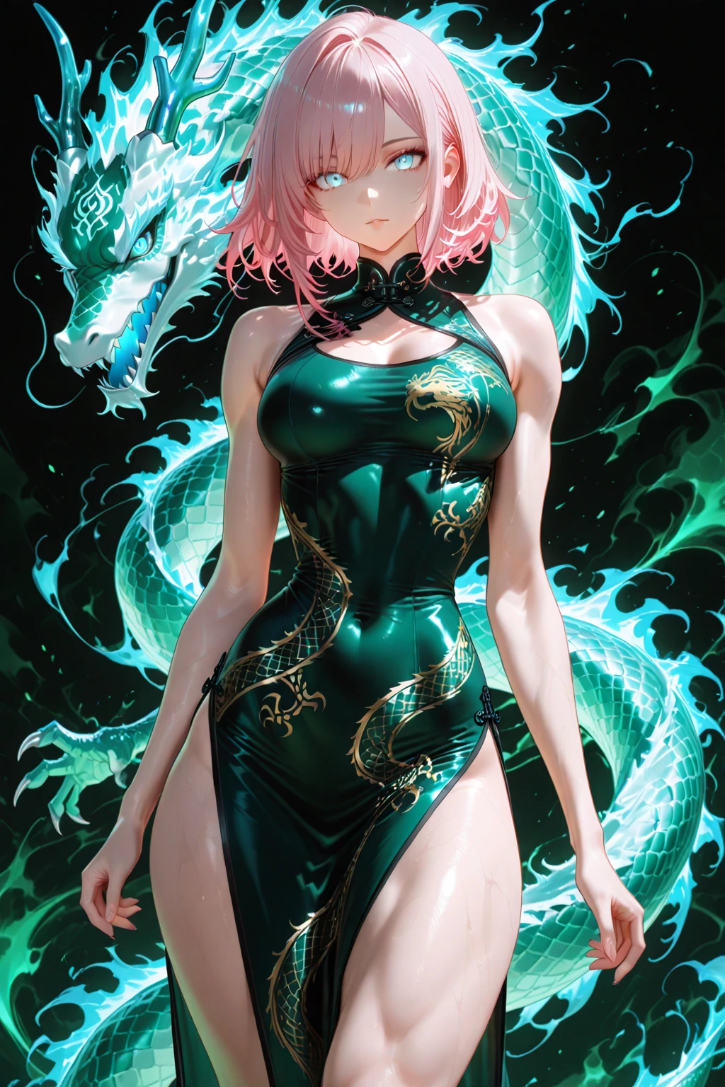 Anime style, Dragon-like spirit ,sci-fi ninja, emulsion , Light green hair, Small Breasts, Slim figure, Moonlit Night,