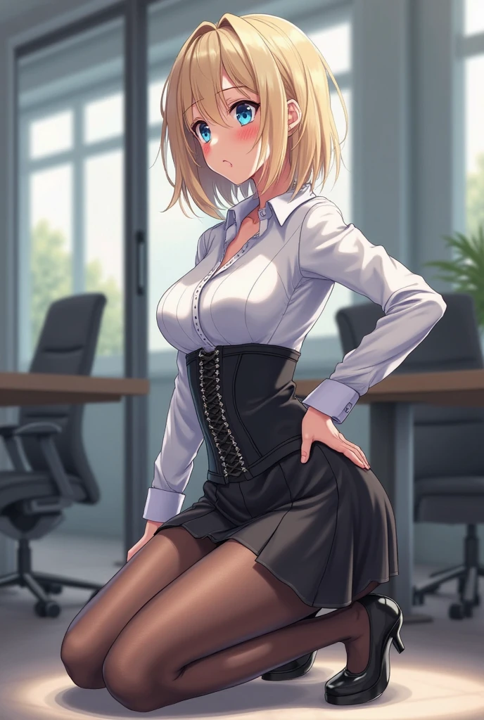 (office lady, bow, Short sleeve, White shirt, Pencil Skirt, Best:1.2), beauty、20-year-old、masterpiece、highest quality、(8k, High resolution:1.1), (embarrassed:1.3), blush, (Front opening of the shirt, Showing off your bra:1.1), (Embrace your chest:1.2), (pussy juice), Inner thighs:1.5, (Look down), From the side, Gaze sideways at me