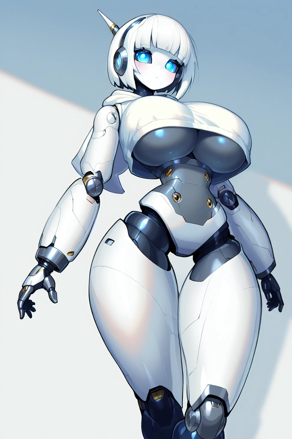 masterpiece, best quality, extremely detailed, Japaese android girl,Plump,squat,control panels,android,Droid,Mechanical Hand, Robot arms and legs, Black Robot Parts,Black hair,Mechanical body,Blunt bangs,White robotics parts,perfect robot girl,thick cable connected her neck,ceramic body,loose boots,android,robot,humanoid,cyborg,chubby,empty eyes,beige pantyhose
