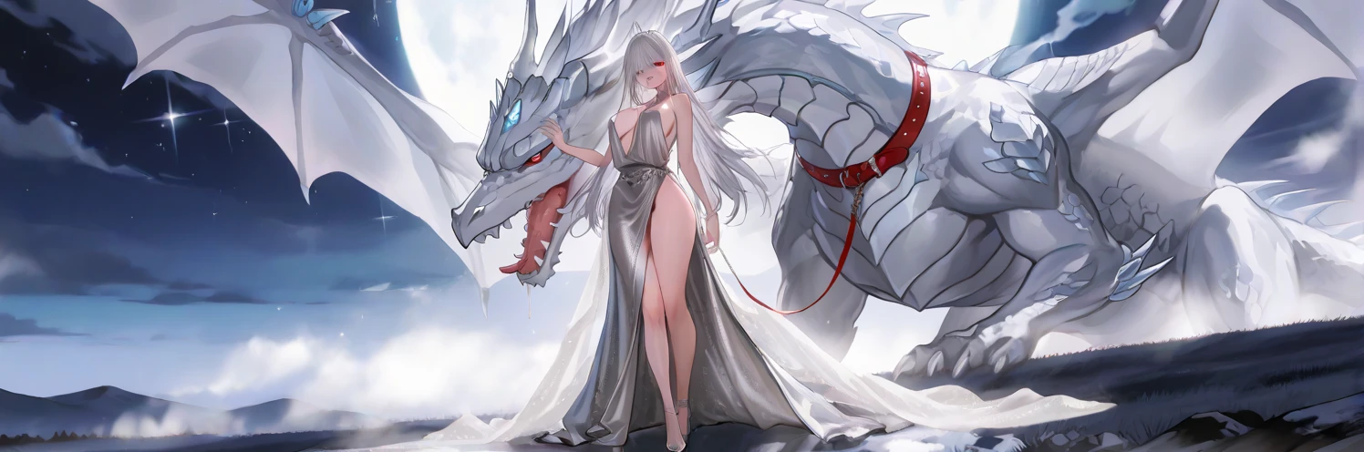 With the sky as a background,A girl next to a dragon,Anime poster,Blue sky and white clouds