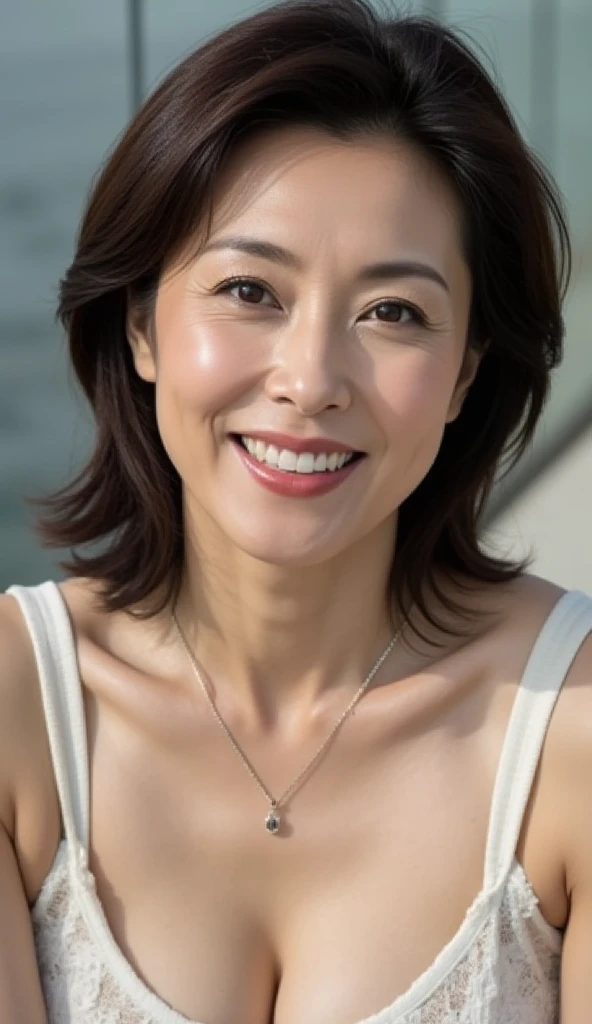 8k wallpaper, masterpiece, Highest quality, Super detailed, One Mature Woman, 50 years old, Become very clear, Wearing a short-sleeved blouse, Skin dents, Captivating smile, Looking at the audience, Cleavage, plump, Curvaceous, Fascinating face, Smiling with teeth showing, Wrinkles around the eyes, Sitting on a park bench, Background Blur